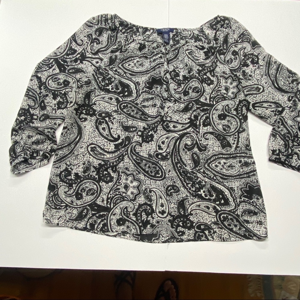 Chaps Black & White Pullover Blouse Paisley Print 3/4 Sleeve Size M Polyester